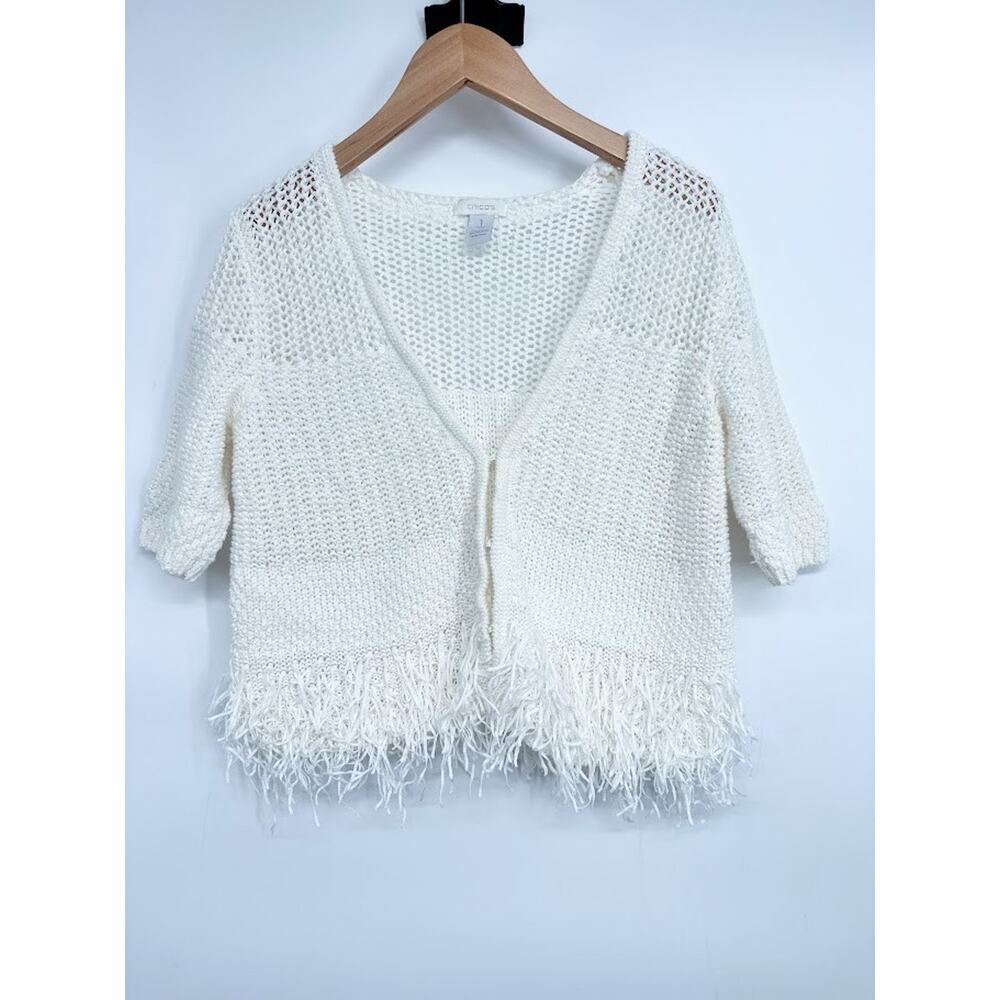 Chicos Textured Fringe Crochet Knit Cardigan Sweater Size S/M Boho Western Ivory